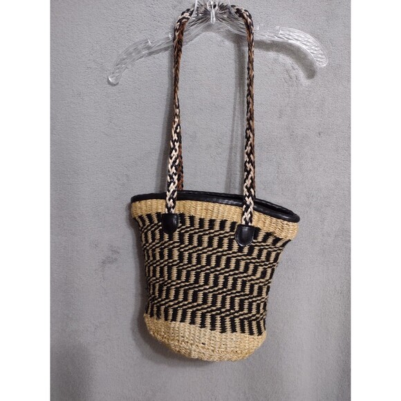 PATRICIA NASH MAYA Woven Straw Bucket Bag Purse Leather Trim Tassel Zip Italy - Picture 2 of 16